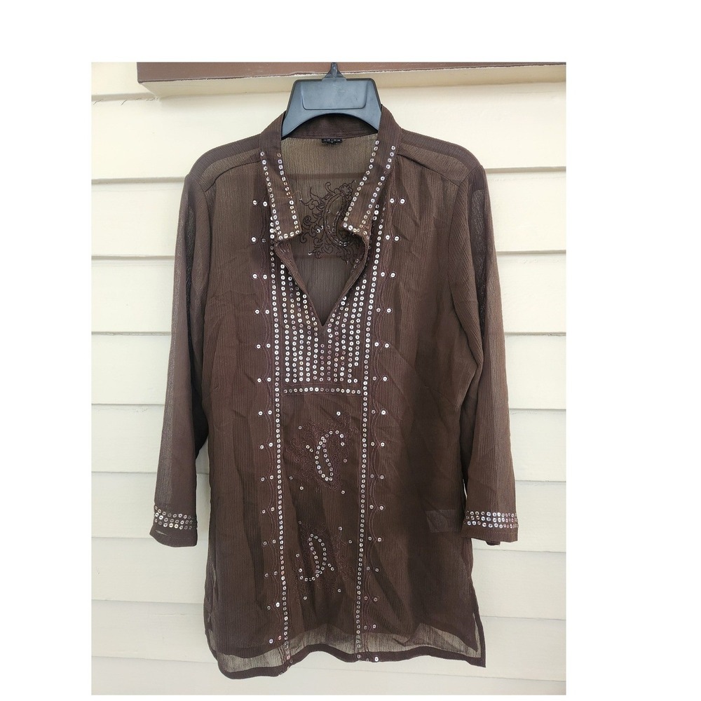Ze Ze Brown Sequined Sheer Mid-Length Top Blouse Tunic Size S